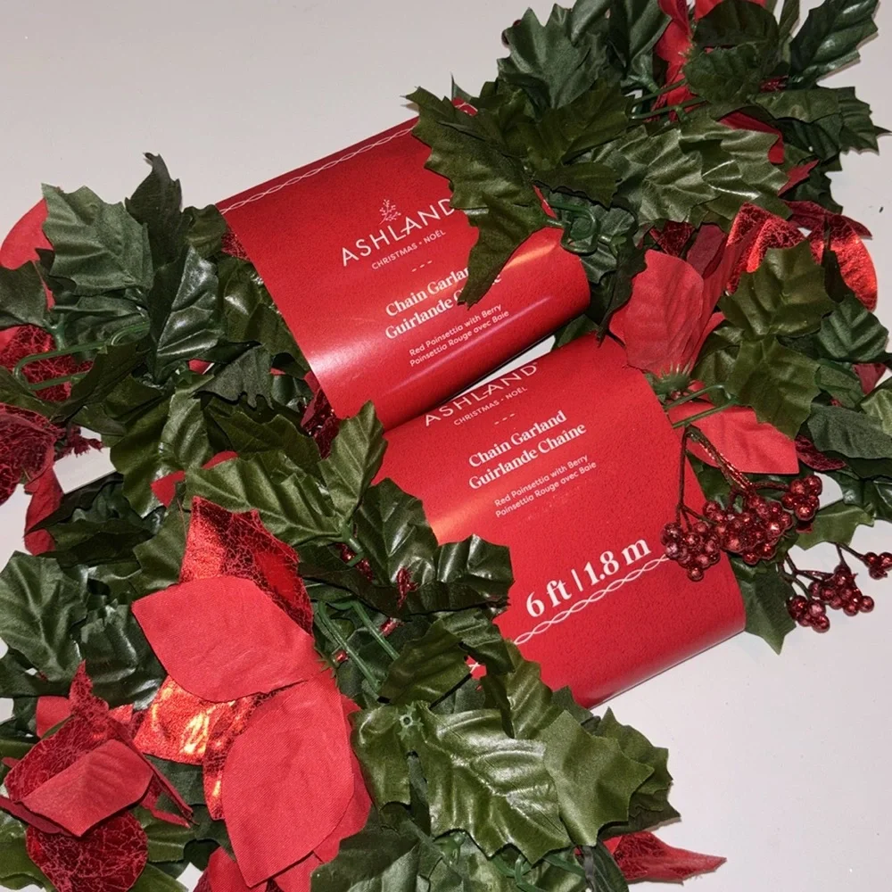 Red and Green Holiday Garland Poinsettia Garland red Berries SET OF 2